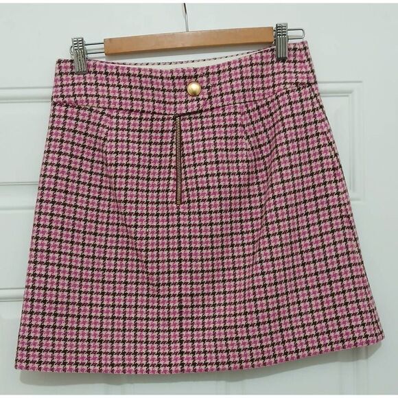 J crew women size 0 wool tweed plaid A-line mini skirt houndstooth pink - Picture 2 of 6